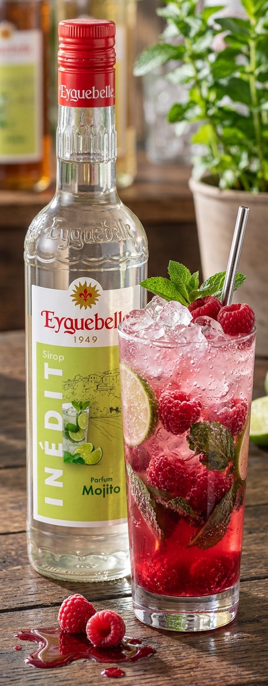 Grand verre de raspberry virgin mojito ultra rempli avec couleur rose intense, beaucoup de glace pilée, framboises fraîches visibles, menthe fraîche, bulles d'eau pétillante
